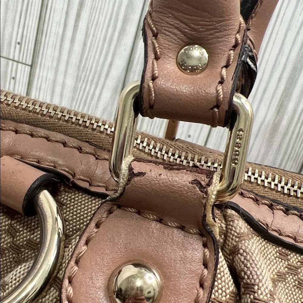 Gucci Beige Canvas Satchel Leather Trim Handbag - Picture 7 of 12